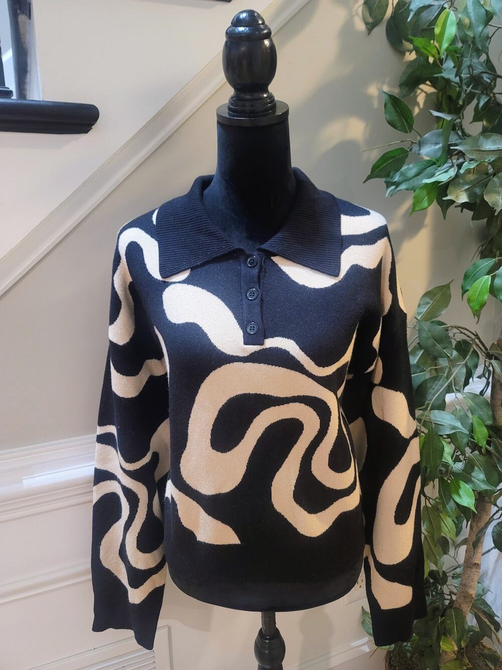 Cider Polo Sweater Women's 2XL Black/Beige Abstract Drop Shoulder Pointed Collar